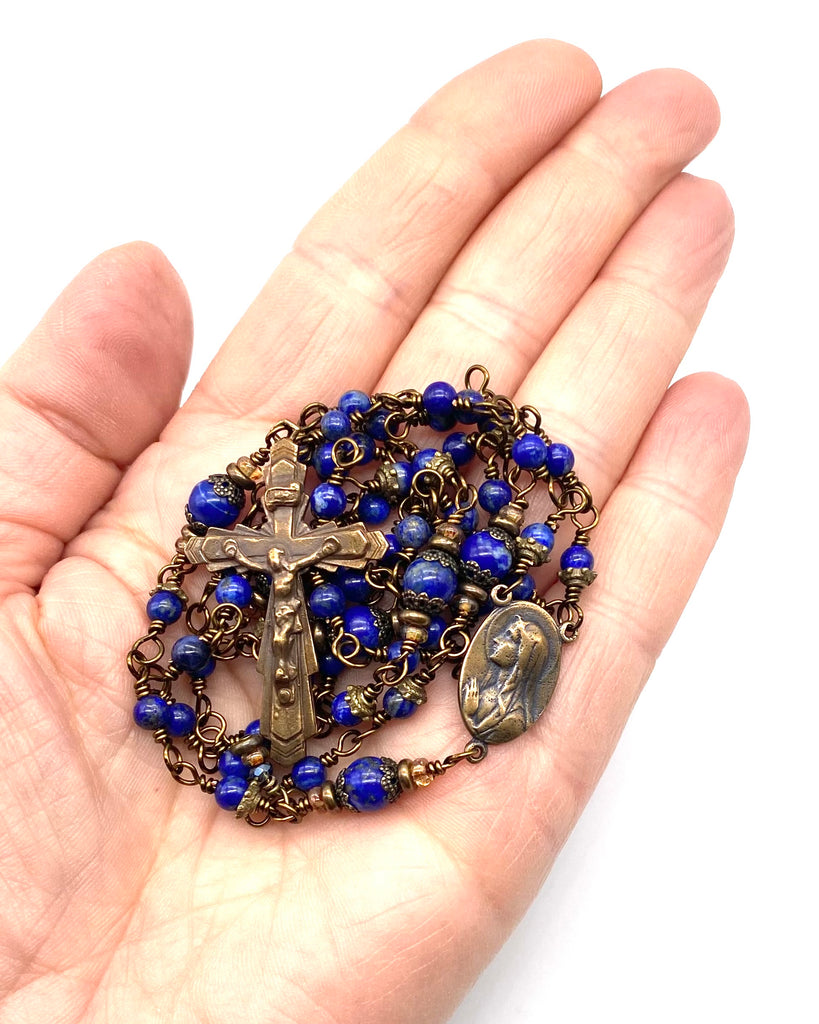 Lapis Gemstone Wire Wrapped Catholic Heirloom Rosary PETITE