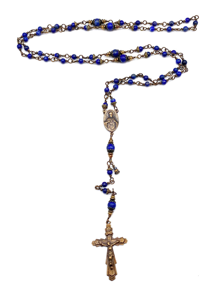 Lapis Gemstone Wire Wrapped Catholic Heirloom Rosary PETITE