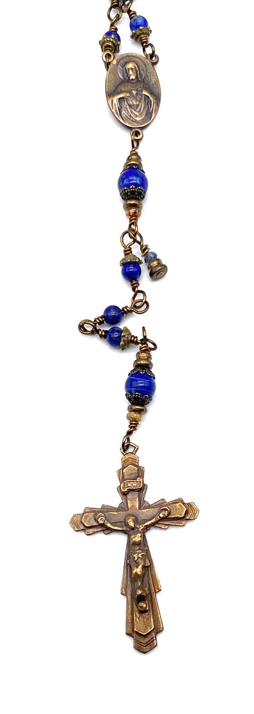 Lapis Gemstone Wire Wrapped Catholic Heirloom Rosary PETITE