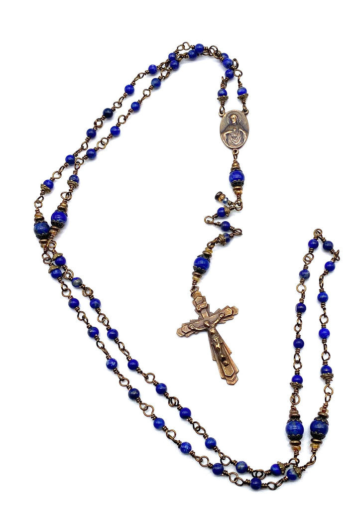 Lapis Gemstone Wire Wrapped Catholic Heirloom Rosary PETITE