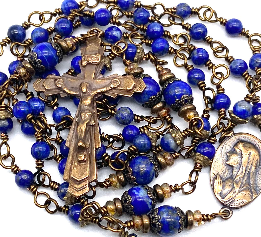 Lapis Gemstone Wire Wrapped Catholic Heirloom Rosary PETITE