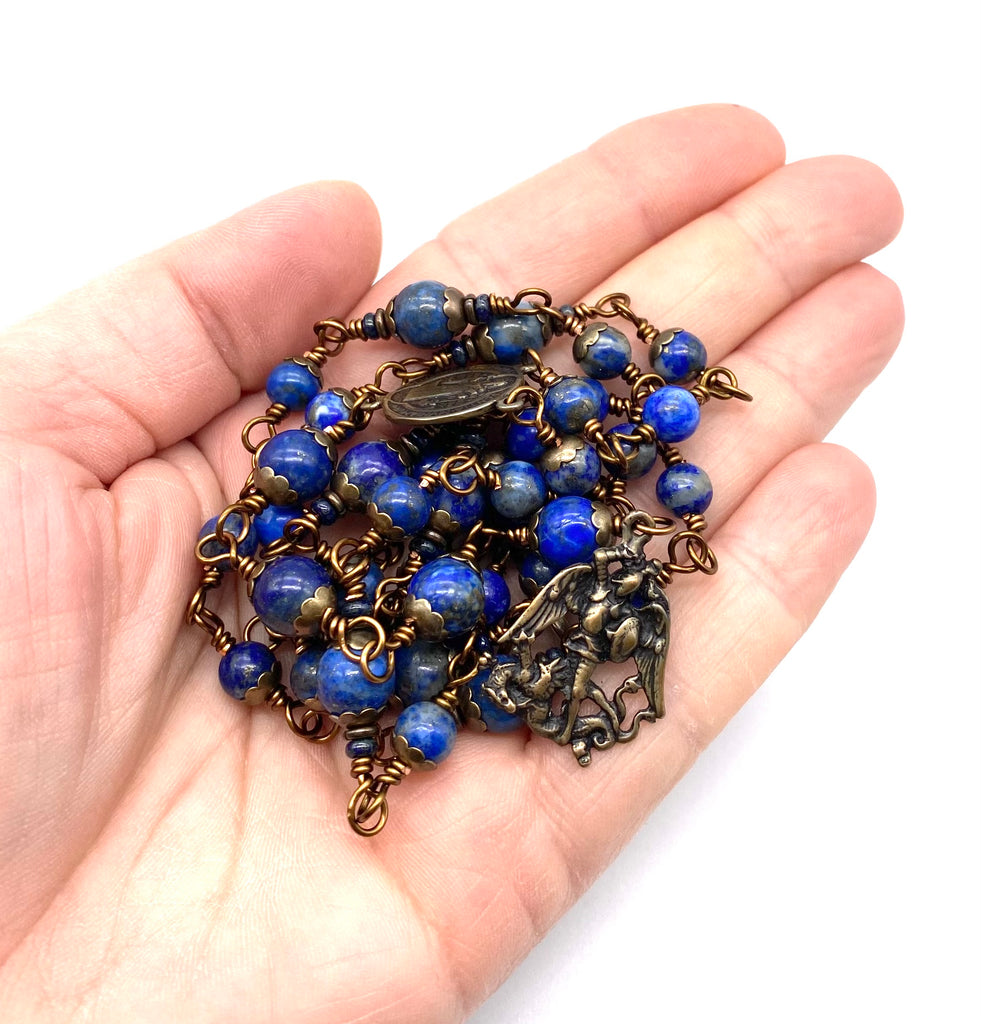 Lapis Gemstone Wire Wrapped Catholic Heirloom Chaplet of Saint Michael MEDIUM