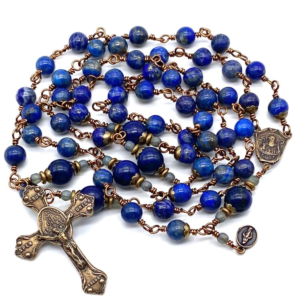 Natural Lapis Gemstone Wire Wrapped Catholic Heirloom Rosary LARGE