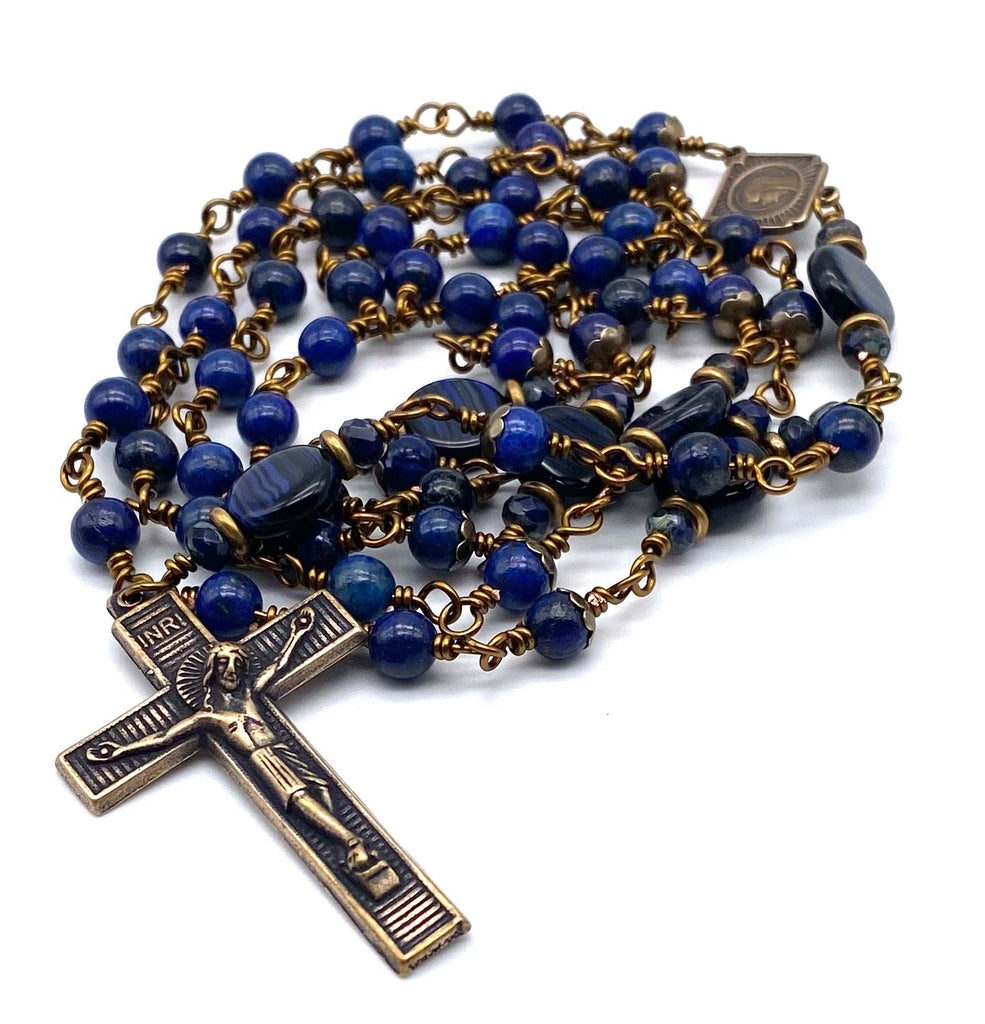 Lapis Gemstone Wire Wrapped Catholic Heirloom Rosary Medium