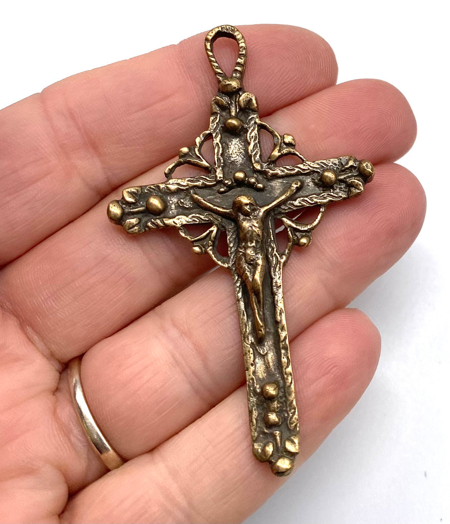 Solid Bronze LATIN AMERICA 19c Crucifix, Rosary Parts, Catholic Pendant, Antique/Vintage Reproduction #PG4122