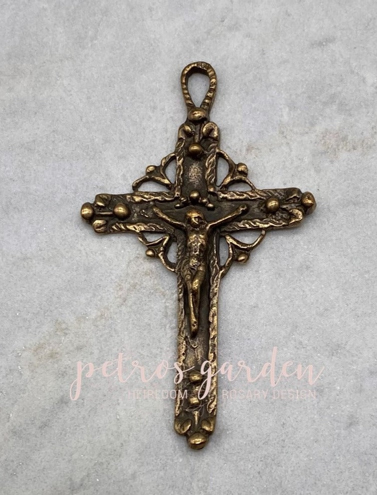 Solid Bronze LATIN AMERICA 19c Crucifix, Rosary Parts, Catholic Pendant, Antique/Vintage Reproduction #PG4122