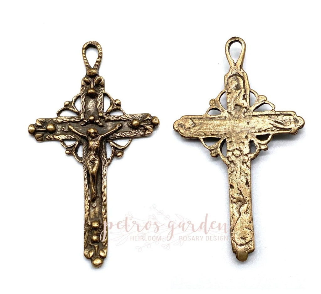 Solid Bronze LATIN AMERICA 19c Crucifix, Rosary Parts, Catholic Pendant, Antique/Vintage Reproduction #PG4122