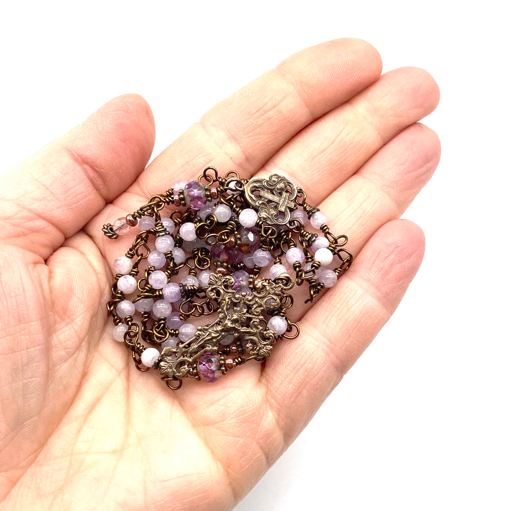 Lavender Amethyst Gemstone Wire Wrapped Catholic Heirloom Rosary PETITE