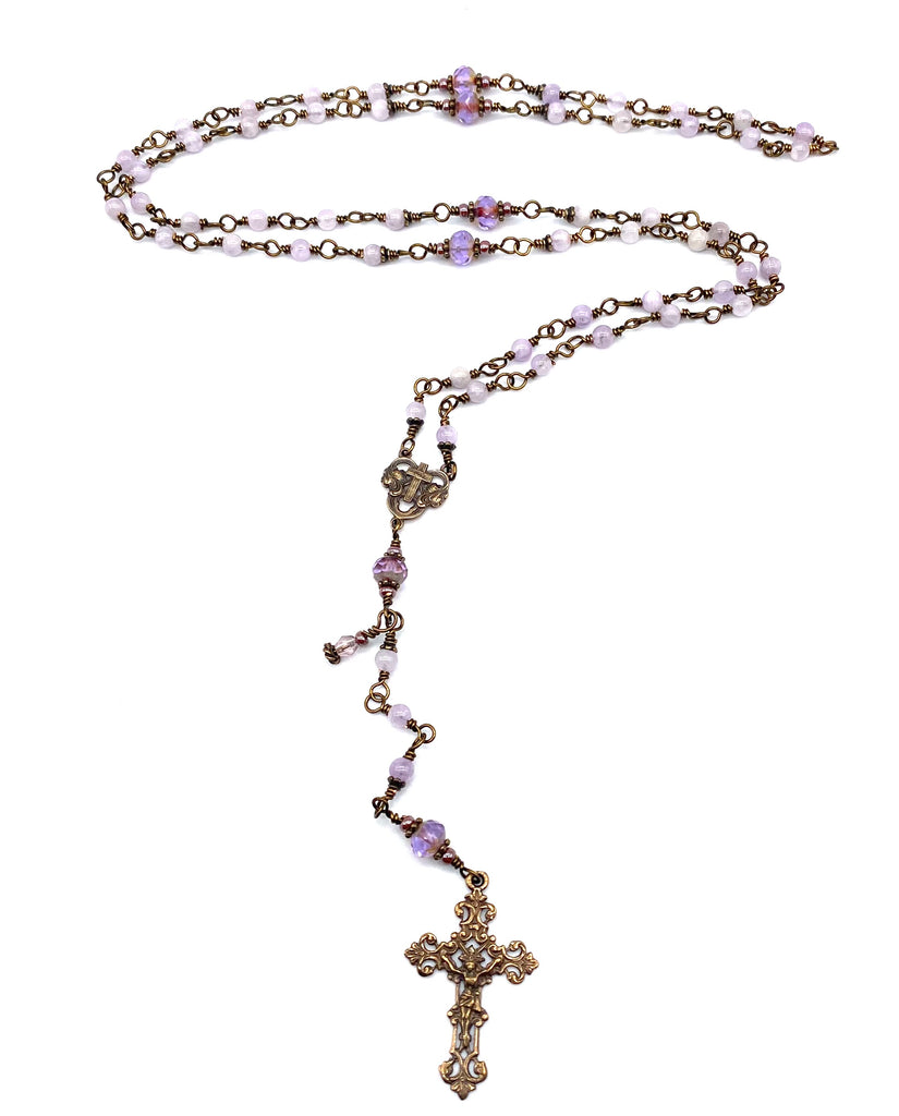 Lavender Amethyst Gemstone Wire Wrapped Catholic Heirloom Rosary PETITE