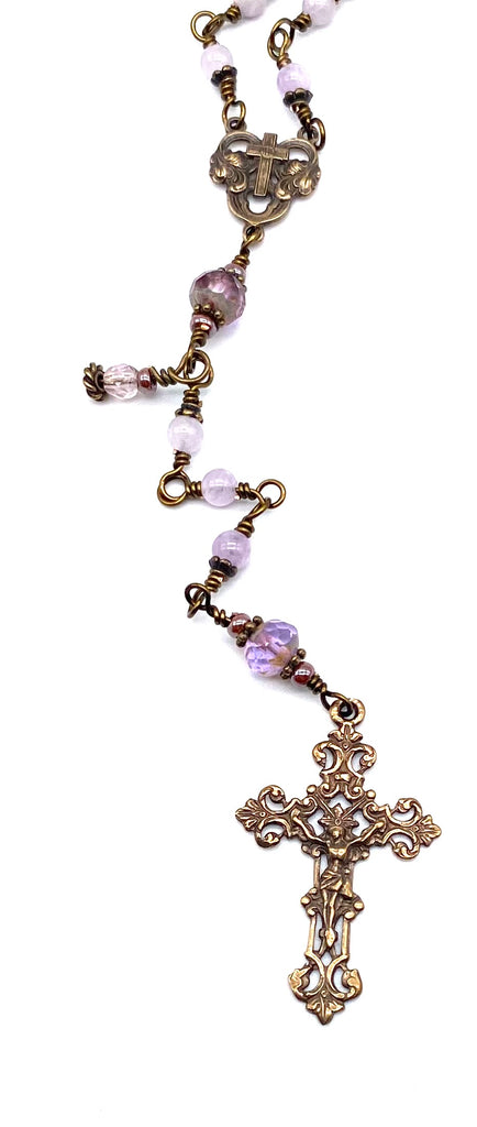 Lavender Amethyst Gemstone Wire Wrapped Catholic Heirloom Rosary PETITE