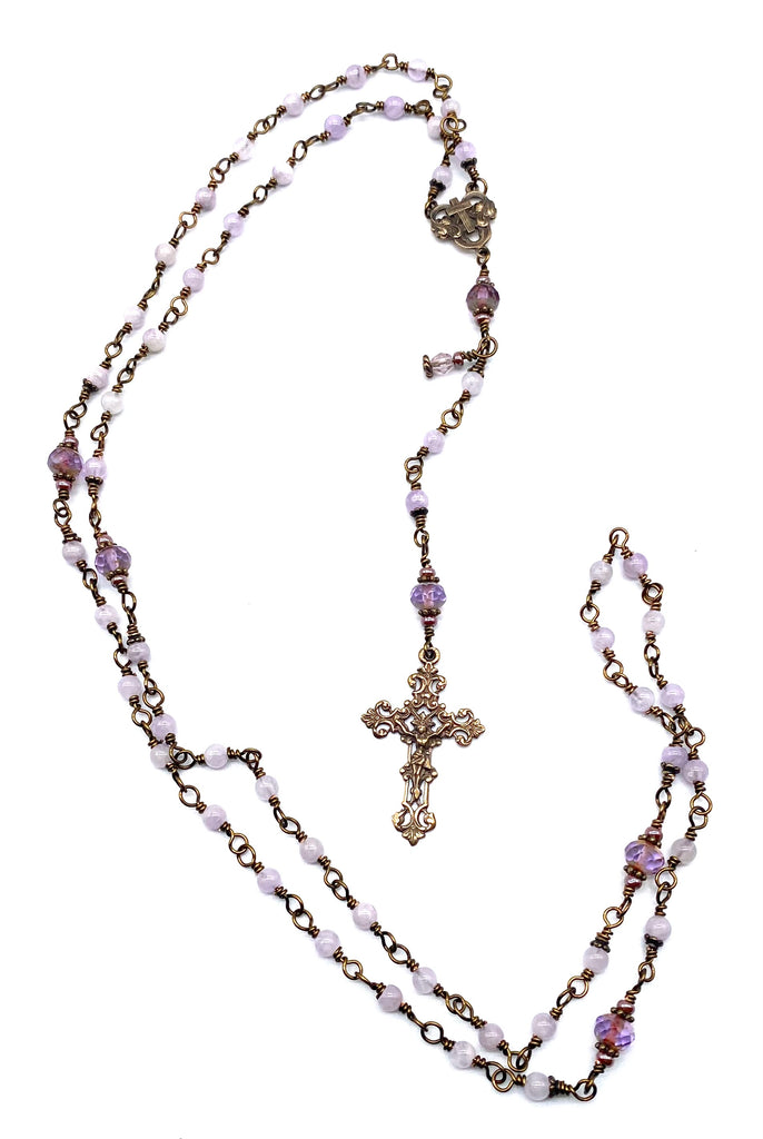Lavender Amethyst Gemstone Wire Wrapped Catholic Heirloom Rosary PETITE