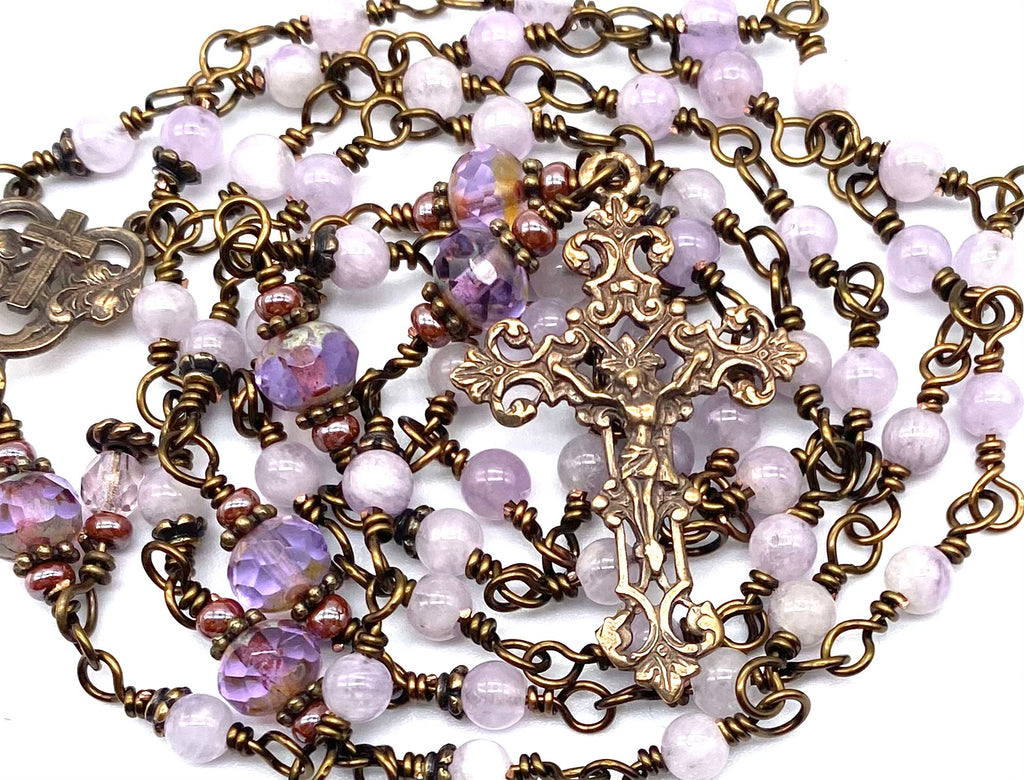 Lavender Amethyst Gemstone Wire Wrapped Catholic Heirloom Rosary PETITE