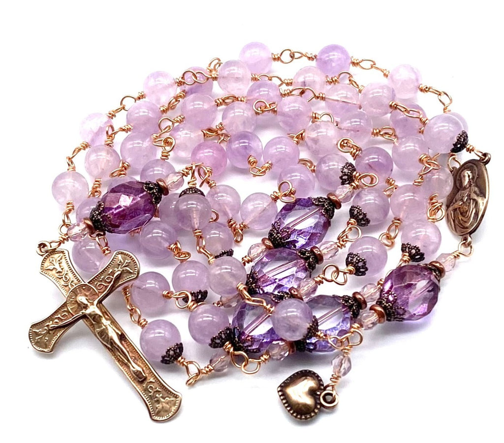 Bright Bronze Lavender Amethyst Gemstone Wire Wrapped Catholic Heirloom Rosary LARGE