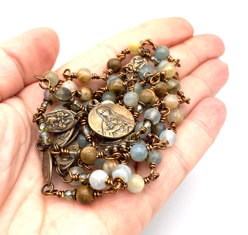 Lemurian Aquatine Gemstone Catholic Heirloom Rosary of the Seven Sorrows Med