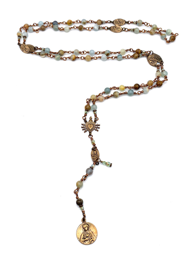 Lemurian Aquatine Gemstone Catholic Heirloom Rosary of the Seven Sorrows Med