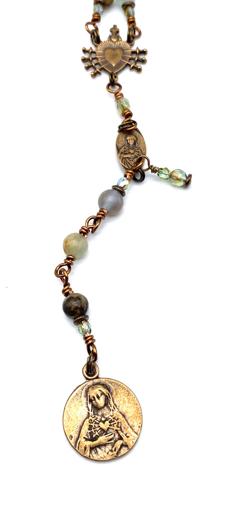 Lemurian Aquatine Gemstone Catholic Heirloom Rosary of the Seven Sorrows Med