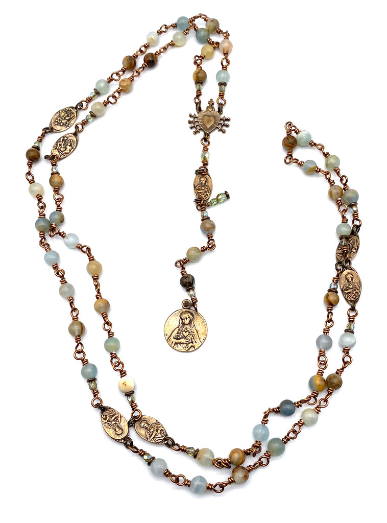 Lemurian Aquatine Gemstone Catholic Heirloom Rosary of the Seven Sorrows Med