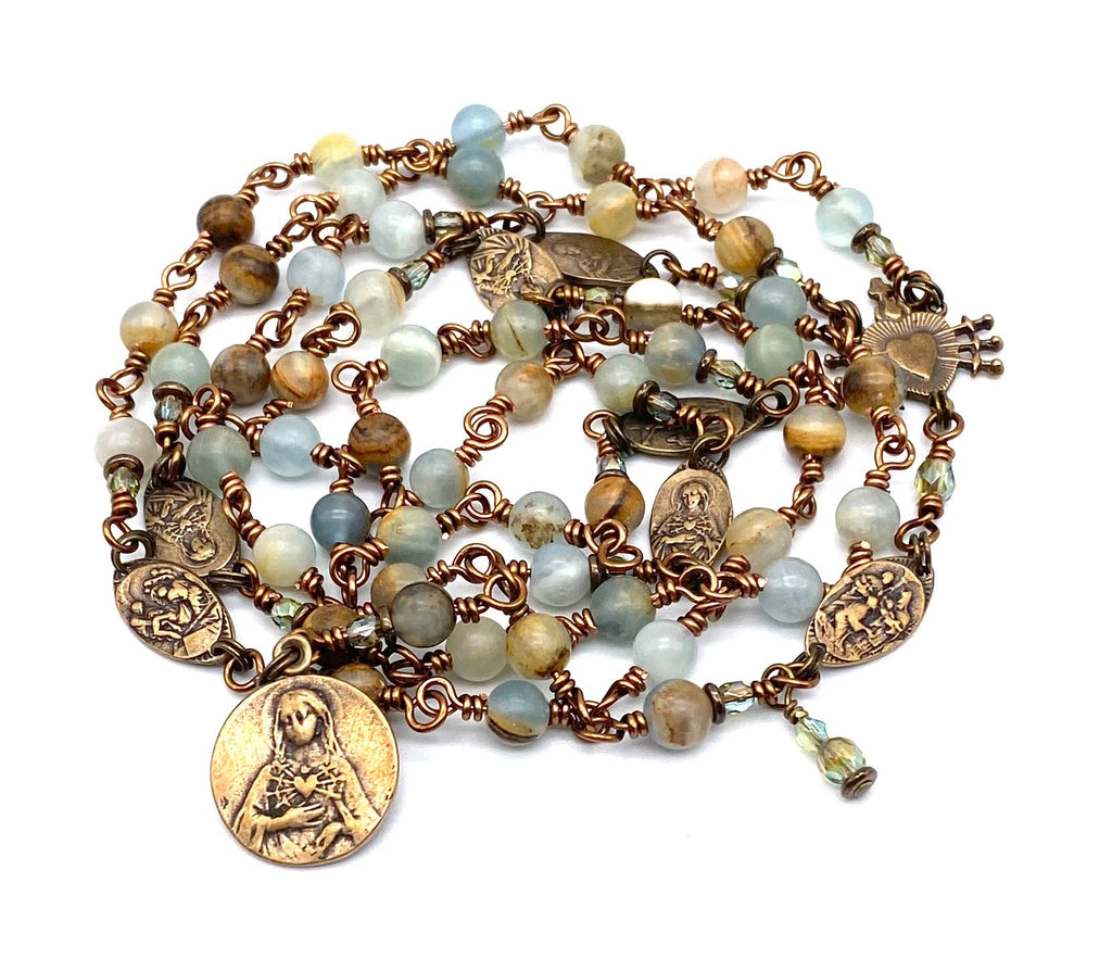 Lemurian Aquatine Gemstone Catholic Heirloom Rosary of the Seven Sorrows Med
