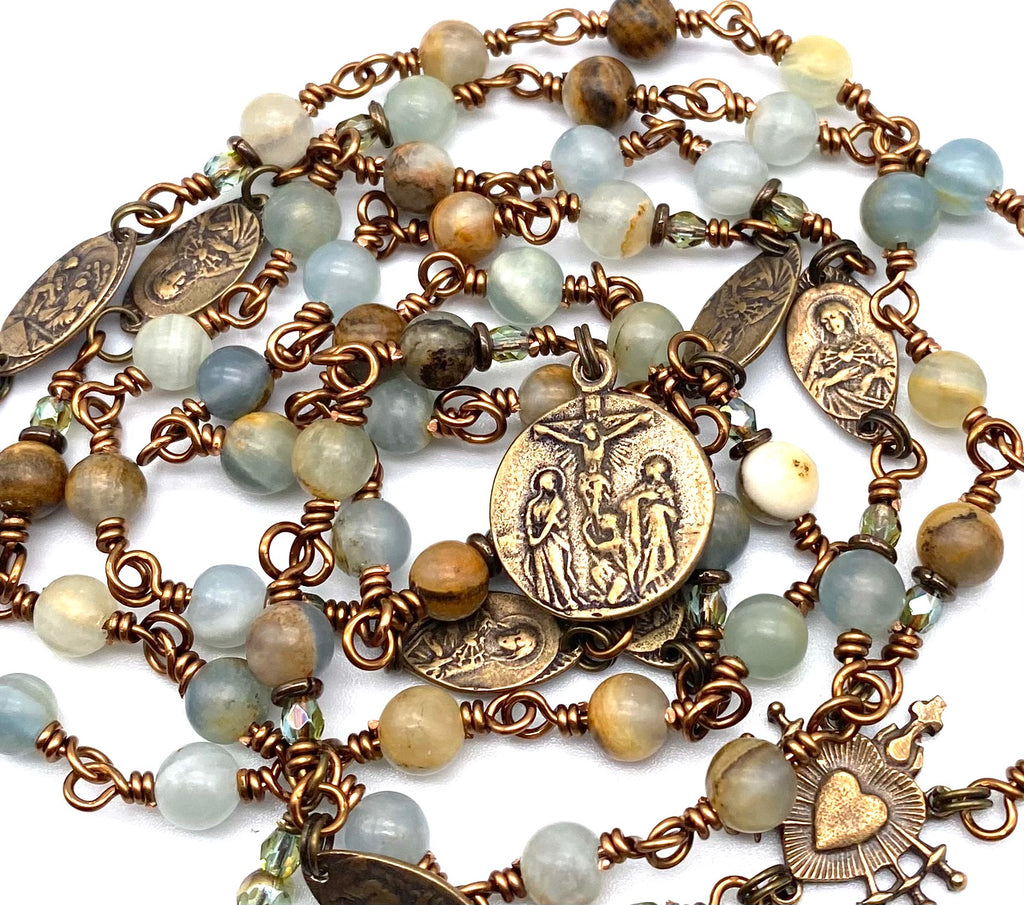 Lemurian Aquatine Gemstone Catholic Heirloom Rosary of the Seven Sorrows Med