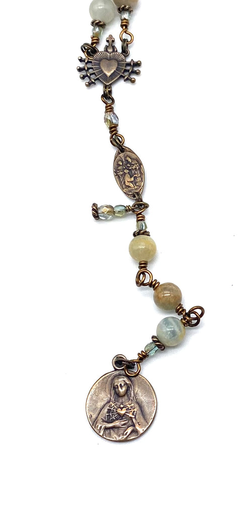 Seven Sorrows Rosary, Lemurian Aquatine Gemstone Heirloom Catholic Servite Delores Rosary Wire Wrapped Solid Bronze MEDIUM