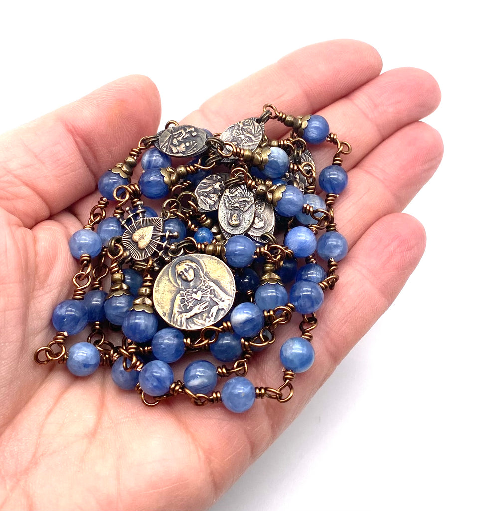 Light Blue Kyanite Gemstone Wire Wrapped Catholic Heirloom Rosary of the Seven Sorrows Medium