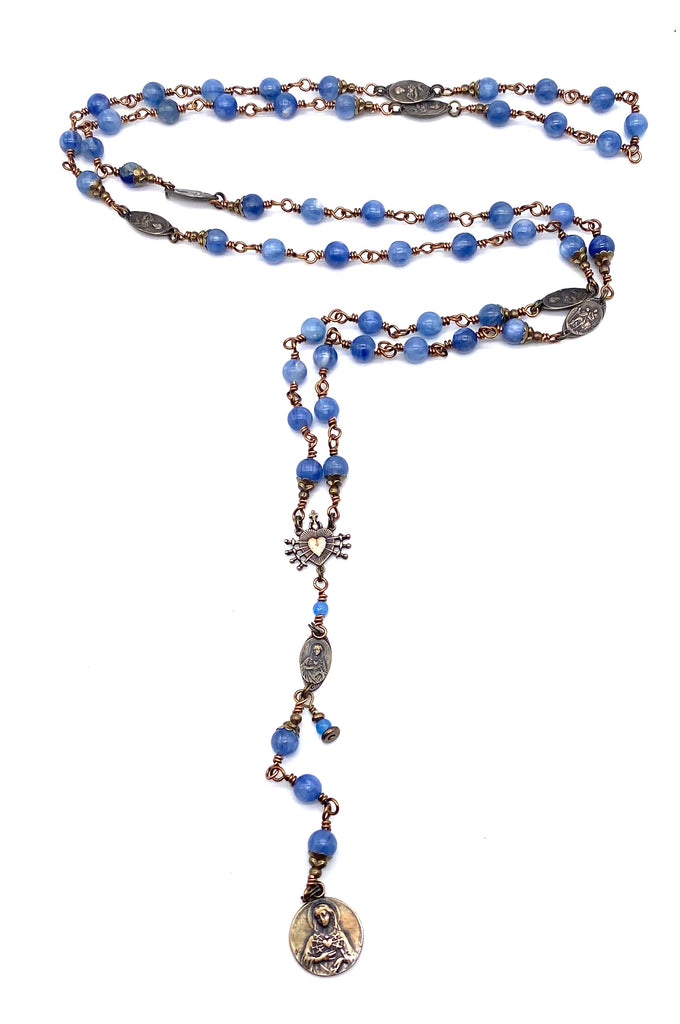 Light Blue Kyanite Gemstone Wire Wrapped Catholic Heirloom Rosary of the Seven Sorrows Medium