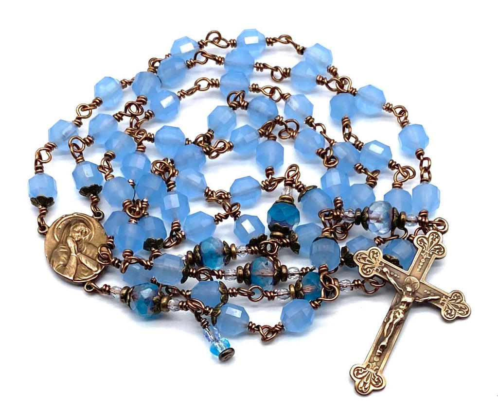 Light Blue Prism Jade Gemstone Wire Wrapped Catholic Heirloom Rosary LARGE