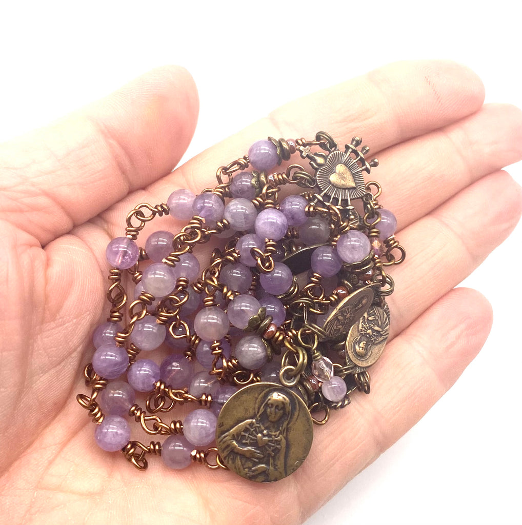Lilac Amethyst Gemstone Wire Wrapped Catholic Heirloom Rosary of the Seven Sorrows Medium