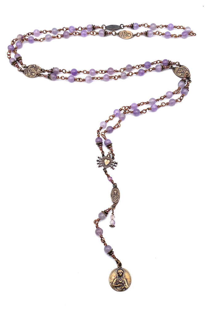 Lilac Amethyst Gemstone Wire Wrapped Catholic Heirloom Rosary of the Seven Sorrows Medium