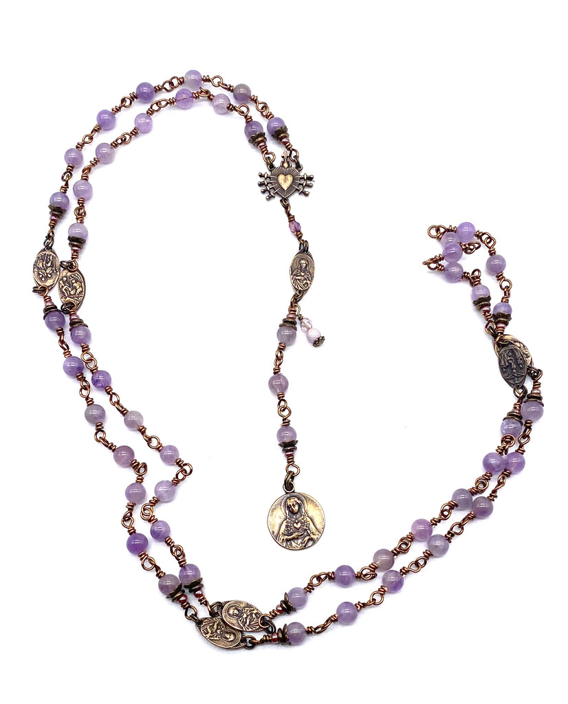 Lilac Amethyst Gemstone Wire Wrapped Catholic Heirloom Rosary of the Seven Sorrows Medium