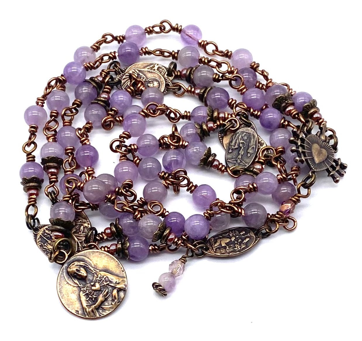 Lilac Amethyst Gemstone Wire Wrapped Catholic Heirloom Rosary of the S Petros Garden Rosaries