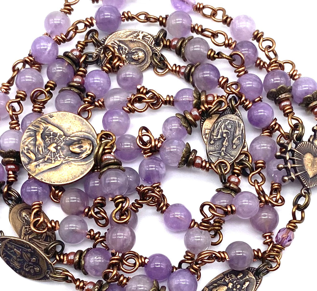 Lilac Amethyst Gemstone Wire Wrapped Catholic Heirloom Rosary of the Seven Sorrows Medium