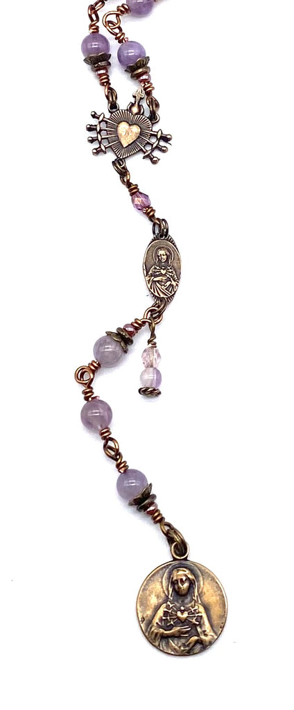 Lilac Amethyst Gemstone Wire Wrapped Catholic Heirloom Rosary of the Seven Sorrows Medium