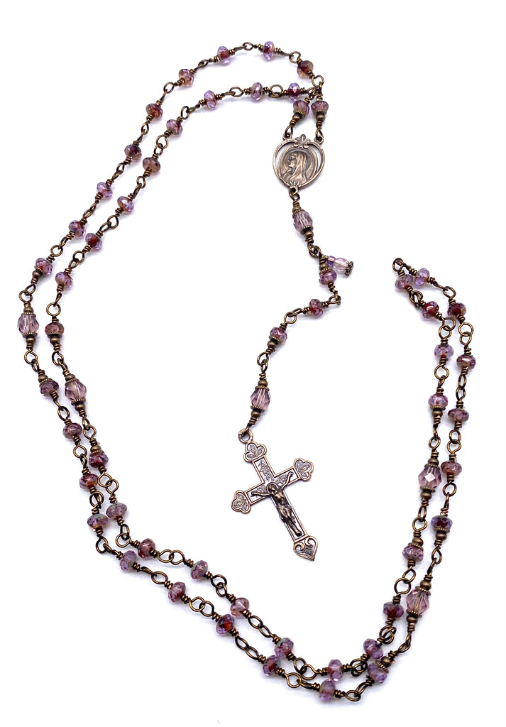 Lilac Czech Glass Wire Wrapped Catholic Heirloom Rosary PETITE