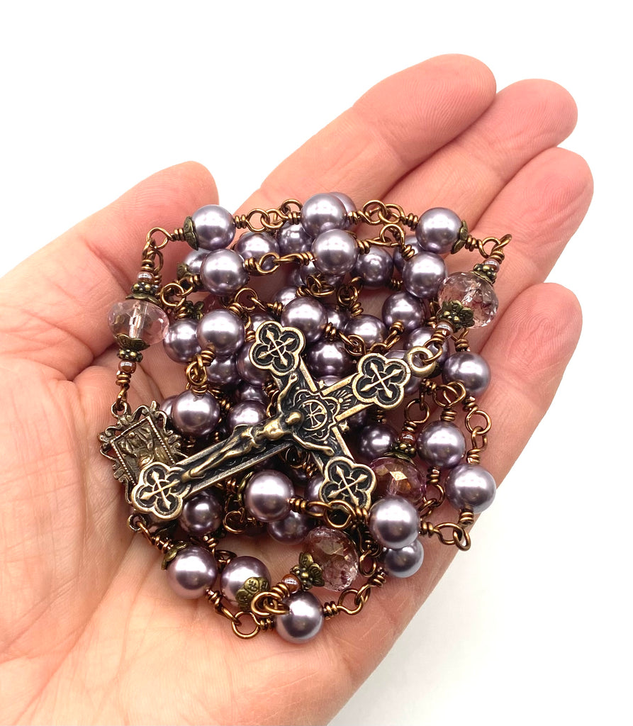 Lilac Swarovski Pearl Wire Wrapped Catholic Heirloom Rosary Large