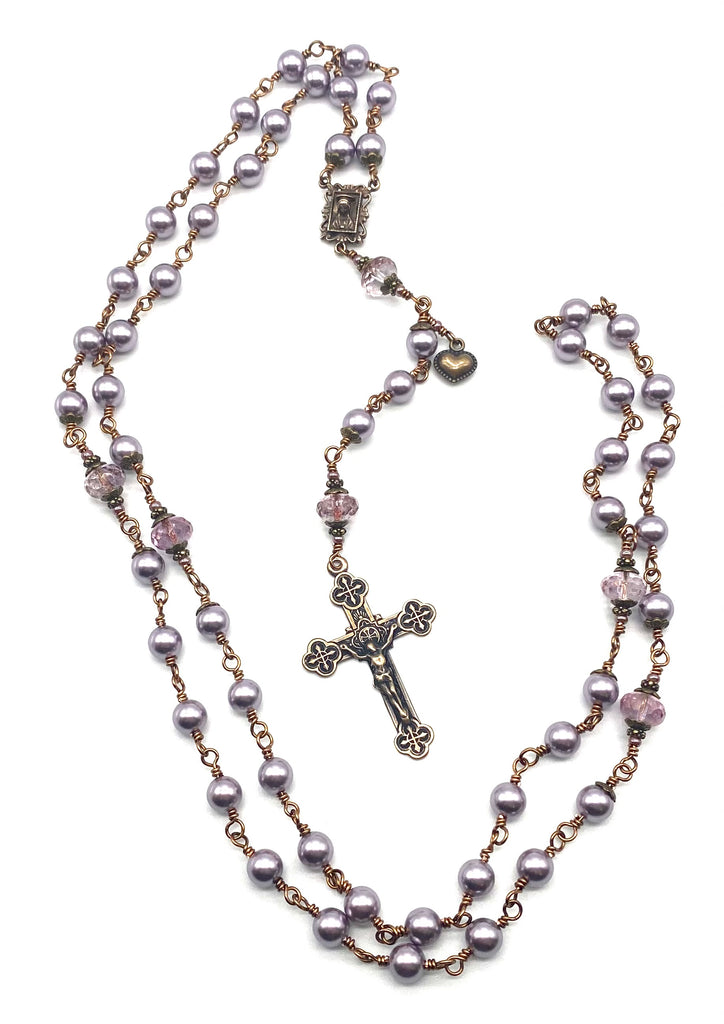 Lilac Swarovski Pearl Wire Wrapped Catholic Heirloom Rosary Large
