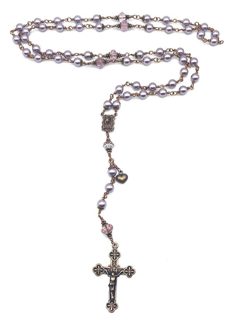 Lilac Swarovski Pearl Wire Wrapped Catholic Heirloom Rosary Large