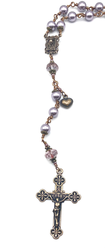 Lilac Swarovski Pearl Wire Wrapped Catholic Heirloom Rosary Large