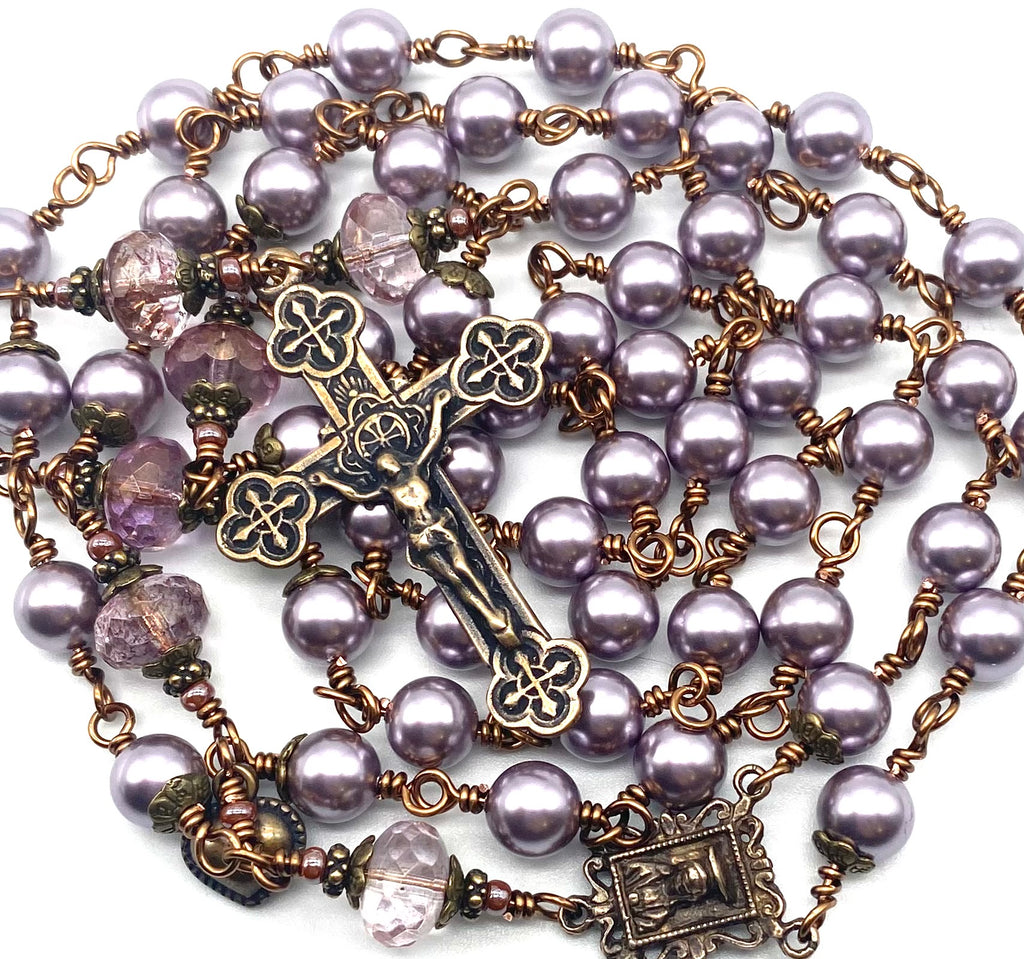 Lilac Swarovski Pearl Wire Wrapped Catholic Heirloom Rosary Large