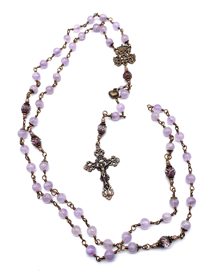 Lilac Amethyst Faceted Gemstone Wire Wrapped Catholic Heirloom Rosary Large