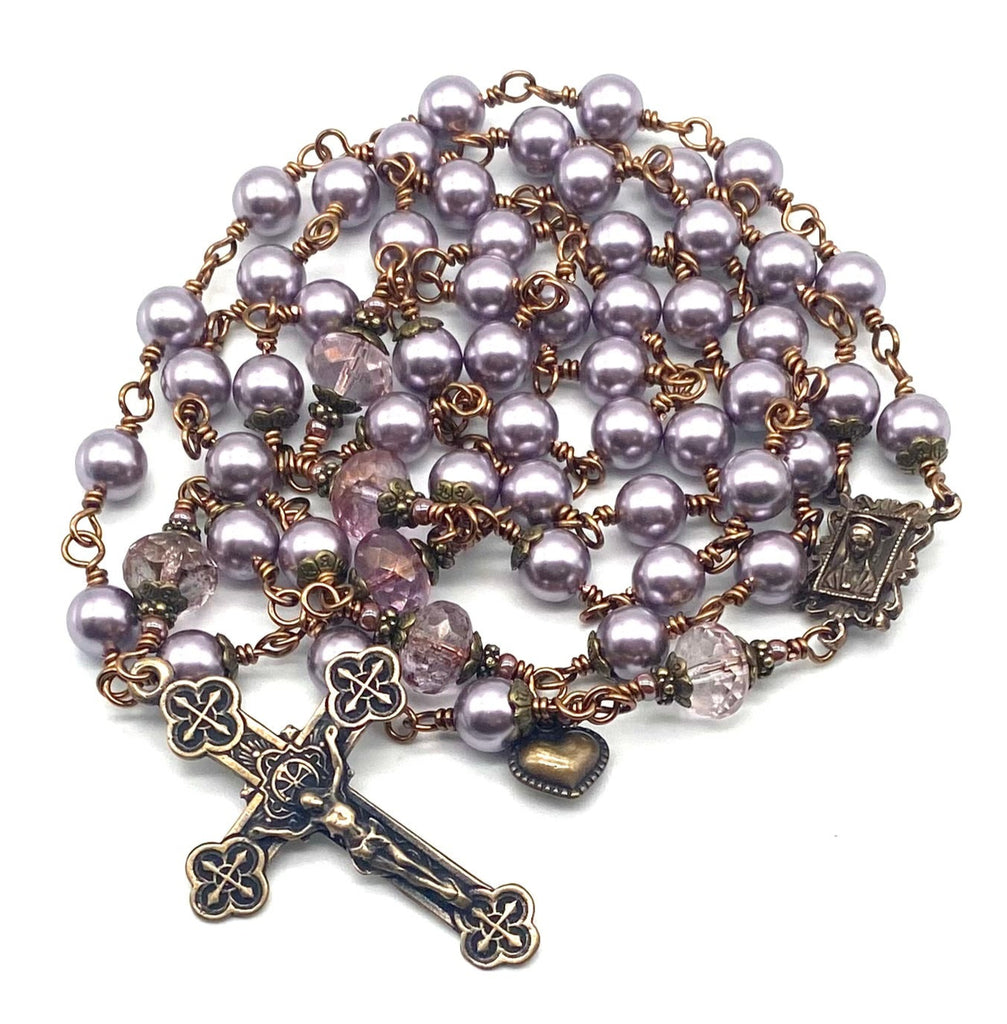 Lilac Swarovski Pearl Wire Wrapped Catholic Heirloom Rosary Large