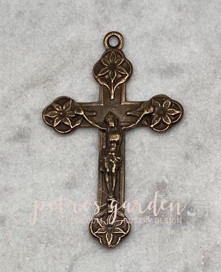 Solid Bronze LILY POINTS Rosary Crucifix, Catholic Pendant, Antique/Vintage Reproduction #PG3138