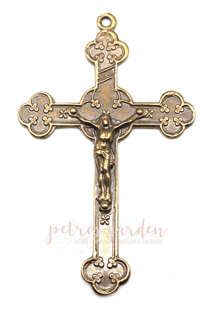 Solid Bronze MANY CLOVERS Catholic Crucifix, Rosary Parts, Religious Charms, Antique Vintage Reproduction #PG4146