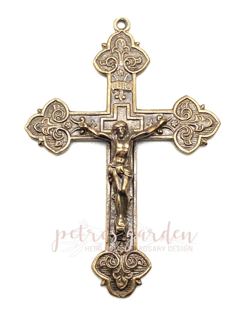 Solid Bronze BEAUTIFUL INTRICATE FLEUR DE LIS Catholic Crucifix, Rosary Parts, Religious Charms, Antique Vintage Reproduction #PG4151