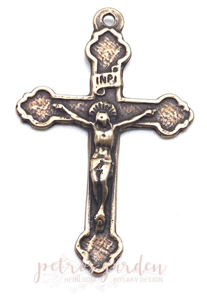 Solid Bronze SIMPLE FRENCH With BORDER Crucifix, Rosary Parts, Catholic Pendant, Jewelry Religious charms, Antique/Vintage Reproduction #PG3169