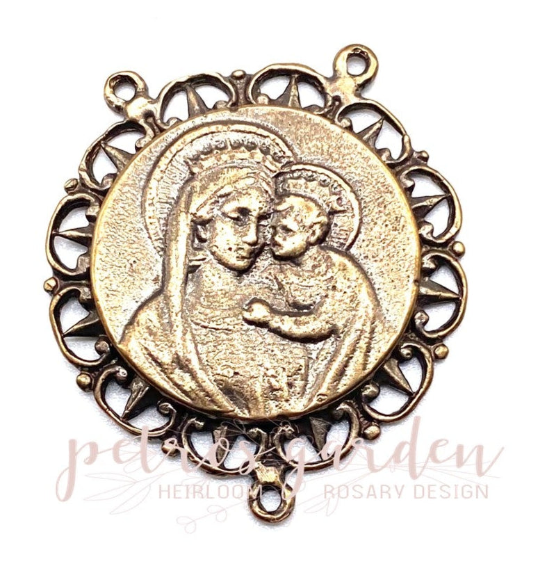 Solid Bronze MARY JESUS LACE EDGE Rosary Center Antique Vintage Reproduction #PG2138