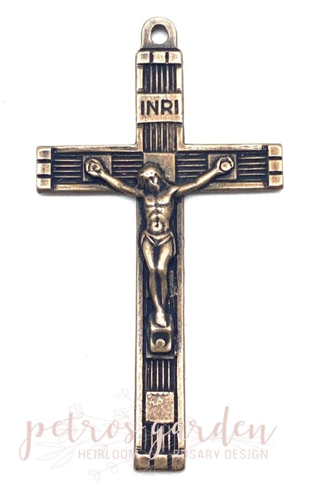 Solid Bronze TRADITIONAL WITH LINES Rosary Crucifix Antique Vintage Reproduction #PG4145