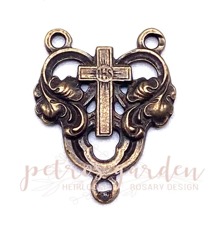 Solid Bronze HEART WITH CROSS Rosary Centerpiece Antique Vintage Reproduction #PG1147