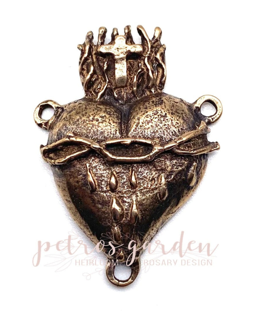 Solid Bronze LARGE SACRED HEART Rosary Centerpiece Antique Vintage Reproduction #PG2146