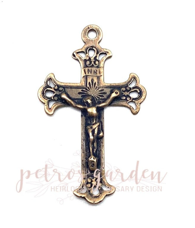 Solid Bronze FRENCH FLORAL OPEN Rosary Crucifix Antique Vintage Reproduction #PG3175